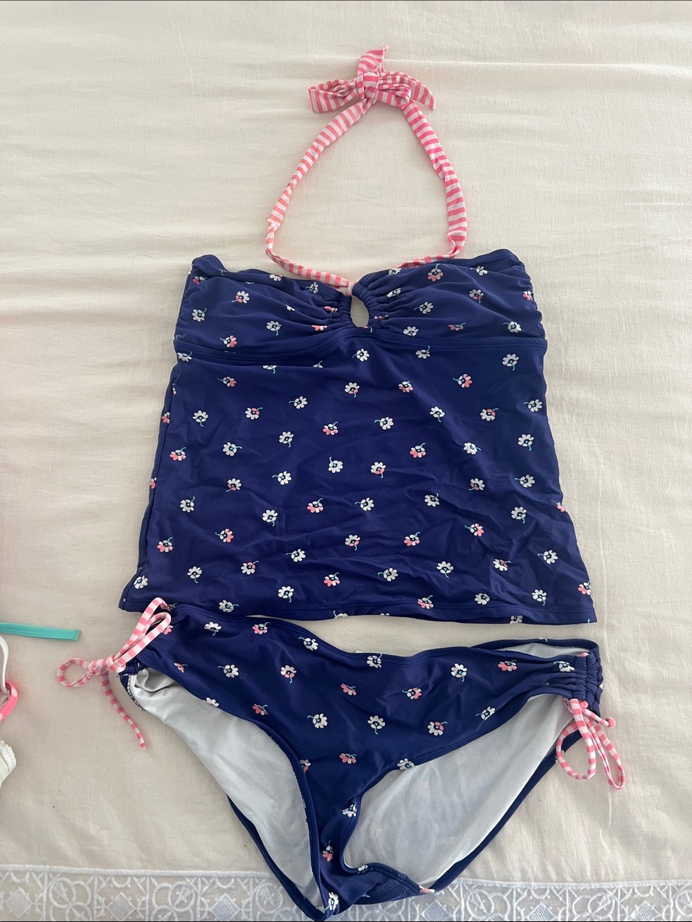 Old Navy Navy Floral Tankini with Pink Striped Ties